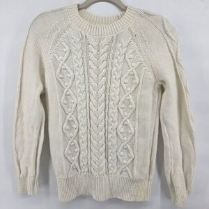 Lucky Brand XS‎ Cream Cable Knit Crewneck Sweater Cotton Nylon Wool Blend